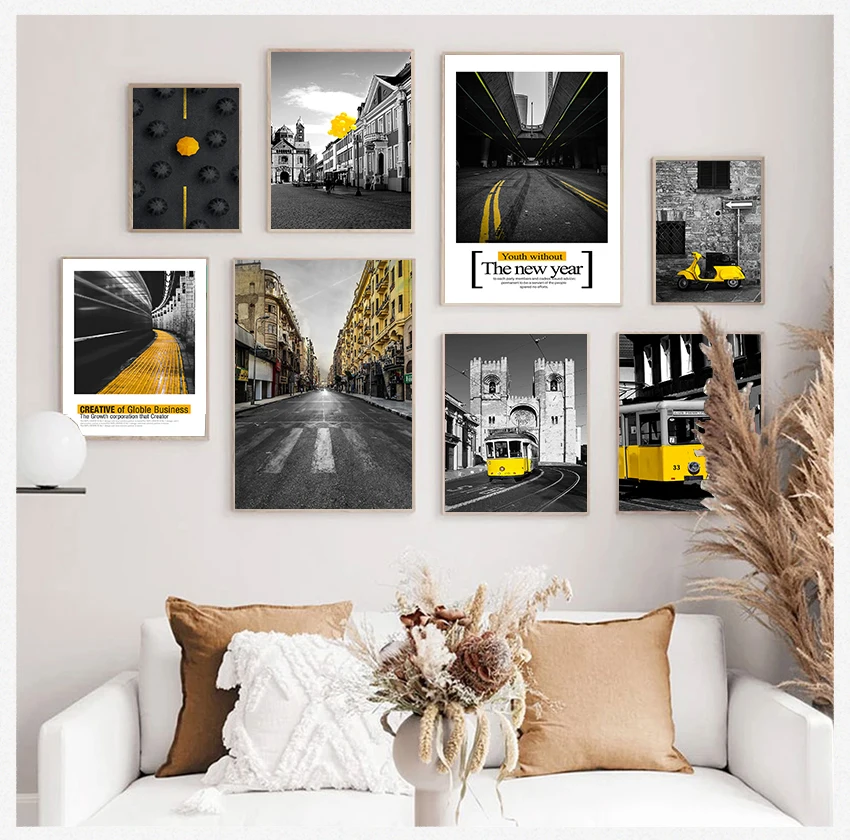 

Canvas Poster Prints Nordic Style Paintings Yellow Building Picture for Room Black and White Landscape Wall Art Yellow Bus Car