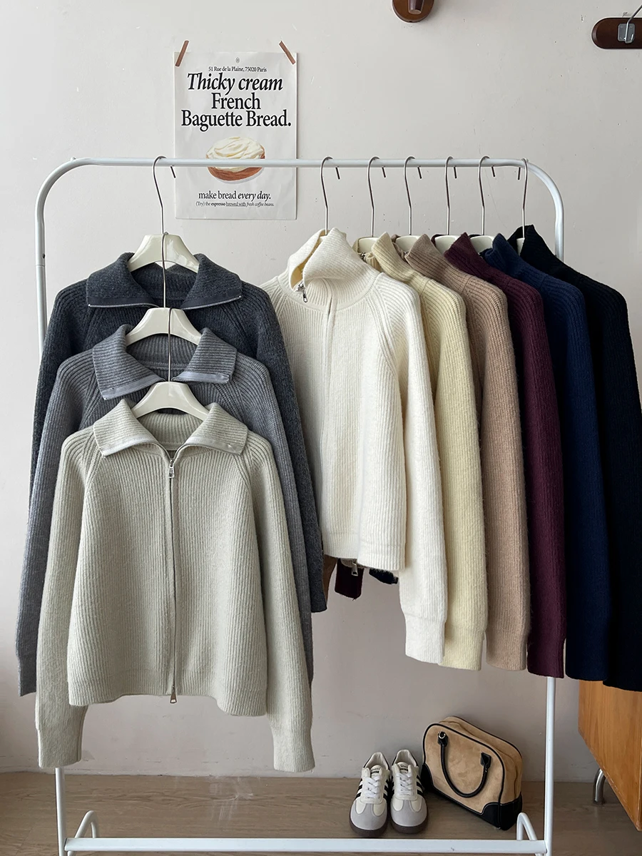 Японский и корейский простой ретро-свитер с двойной молнией воротником-стойкой в