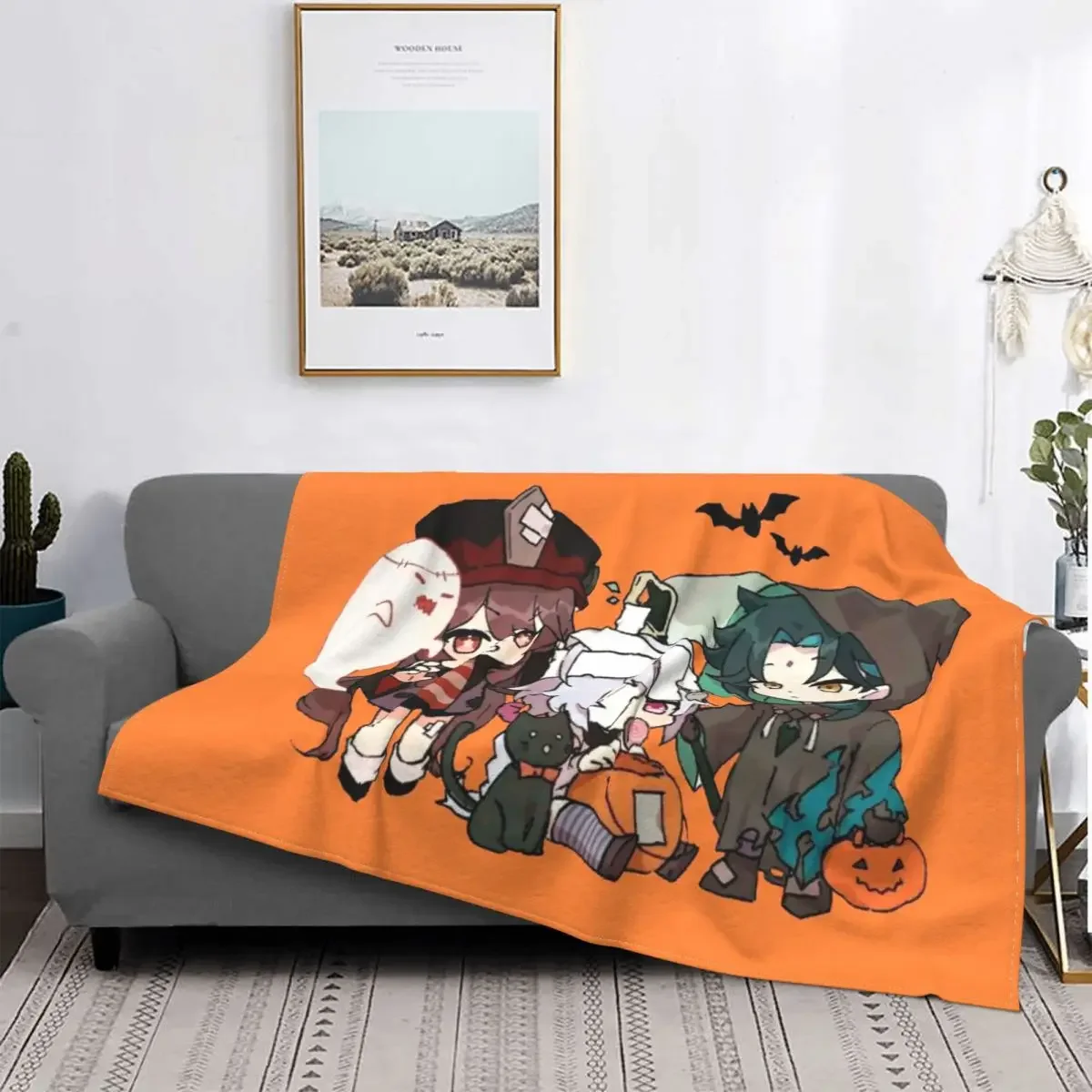 

Одеяло Genshin Impact Хэллоуин Chibi Hu Tao Qi и Xiao, Фланелевое текстильное декоративное тонкое покрывало для кровати, дорожное покрывало