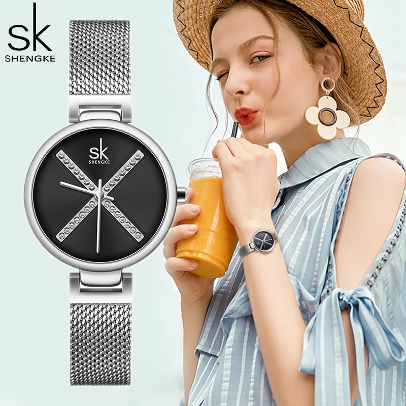 Shengke Original Design Woman Watches Fashion Mesh Strap Women's Quartz Wristwatches Elegent Ladies Dress Clock Reloj Mujer