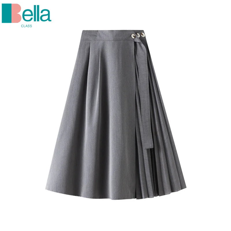 

2023 Spring New Belted Pleated Mid Skirts Draped Solid Gray Patchwork Pleated Knee Length Cotton Skirts Khaki Black