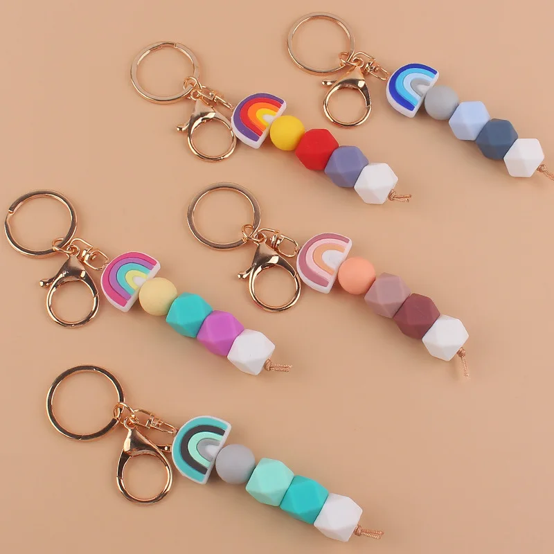 

Fashion Silicone Cartoon Rainbow Beads Keychain For Women Girls Handmade Diy Bag Pendant Key Chain Jewelry Accessories Gift 2023