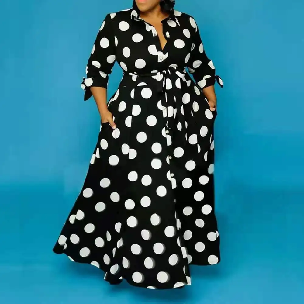 

Women's Plus Size Dress Polka Dot Digital Print Shirt Long Dress Commuter Office Long Sleeve Fat Ladies Summer 2022 New Africa