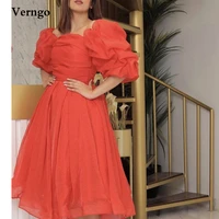 verngo red organza prom dresses puff short sleeves tea length bride gowns party graduation celebrity dress lace up back