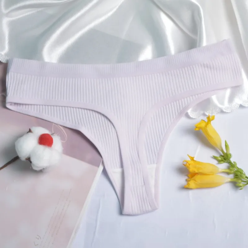 

3pcs Women Seamless Plus Size Panties Cotton Low Waist Thong Ribbed Sports Underwear Female Color White Sexy Lingerie In Bulks