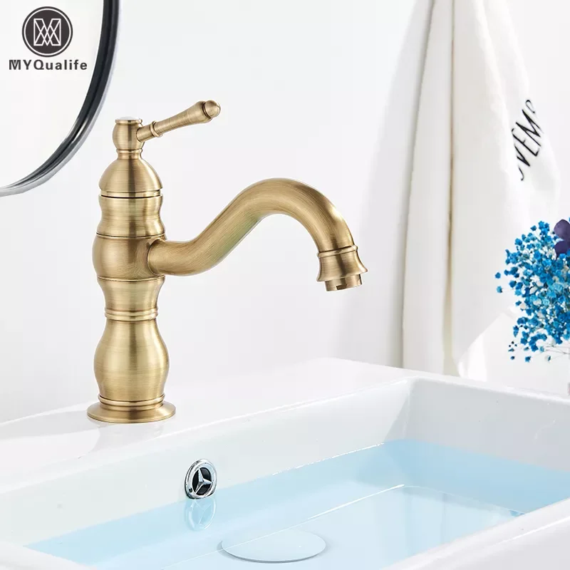 

Luxurious Antique Bathroom Basin Faucet Brass Deck Mounted White Mixer Taps Short Hot and Cold Mixer Tap