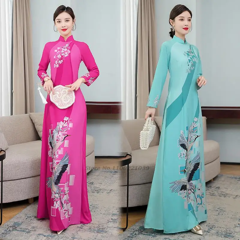 

2022 cheongsam ao dai vietnam elegant vintage dress retro mandarin collar crane print aodai dress chinese national dress qipao