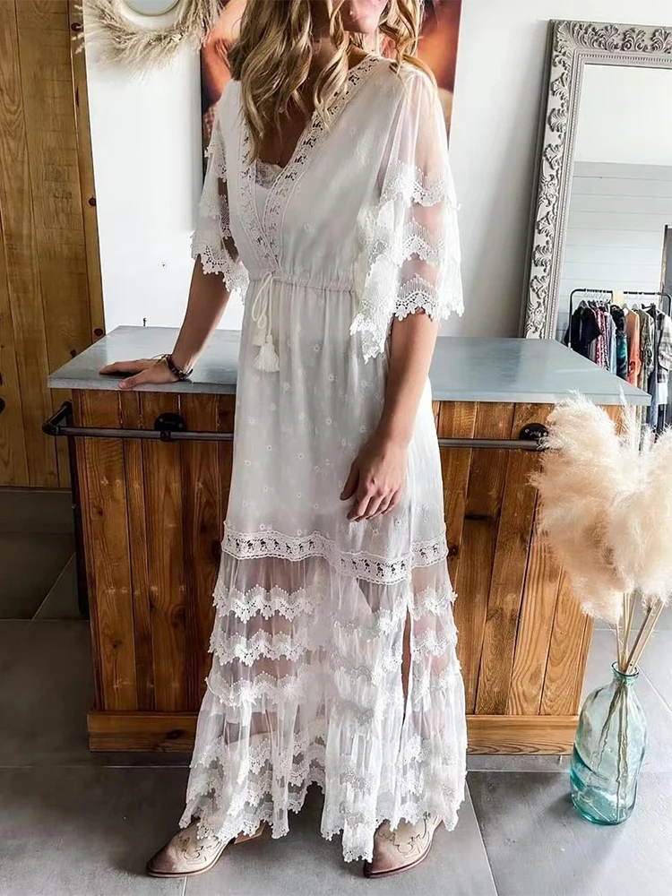 

Ladies Elegant Sweet V Neck Short Sleeve Dresses Summer New Fashion White Lace Bohemian Long Dress Women Office Loose Slit Dress