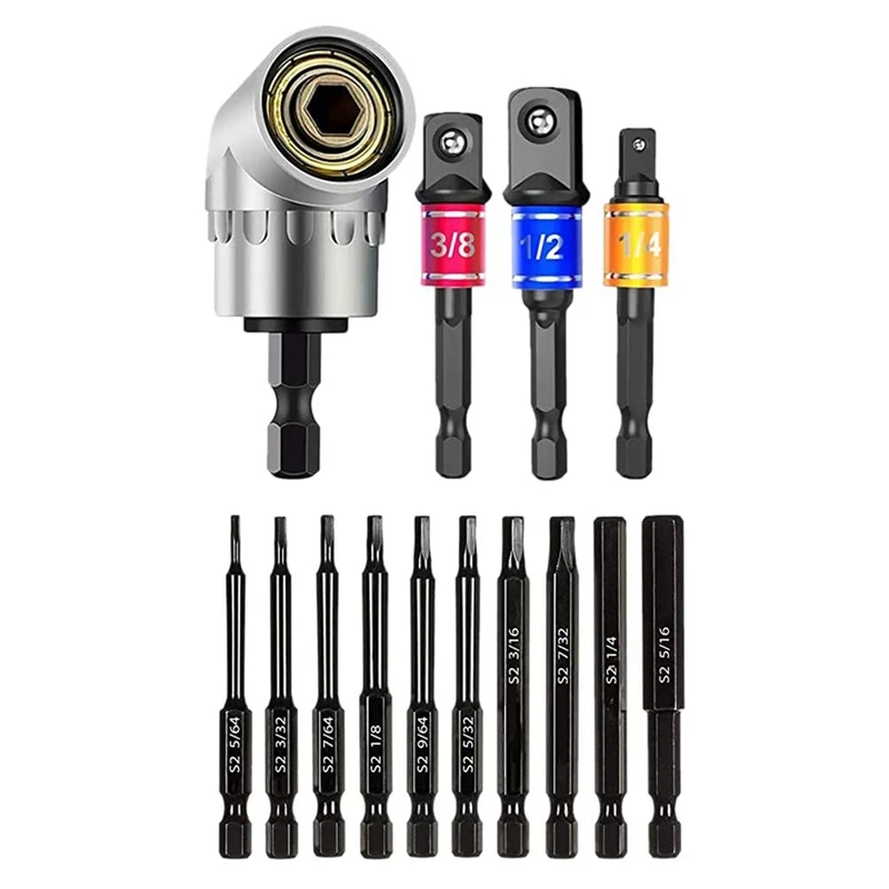 

14PCS Impact Grade Driver Socket Adapter Extension Drill Bit Set,105 Degree Right Angle Screwdriver,Adapter & Drill Bit