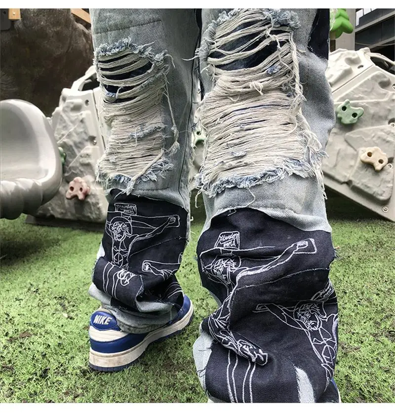 American jeans men's fashion brand high street hole hiphop hip hop straight wash cut cross print stitching denim trousers