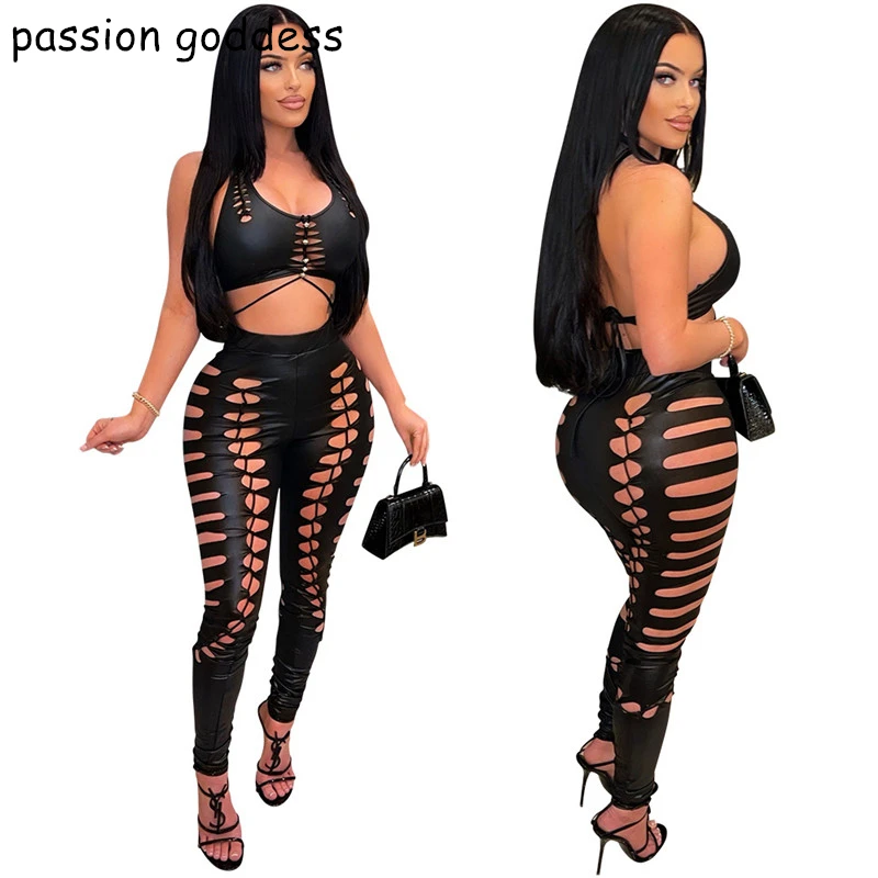 

Summer Sexy Backless Night Clubwear Two Piece Sets Outfits Halter Sleeveless Crop Top Hollow Out Skinny Pants Women Matching Set