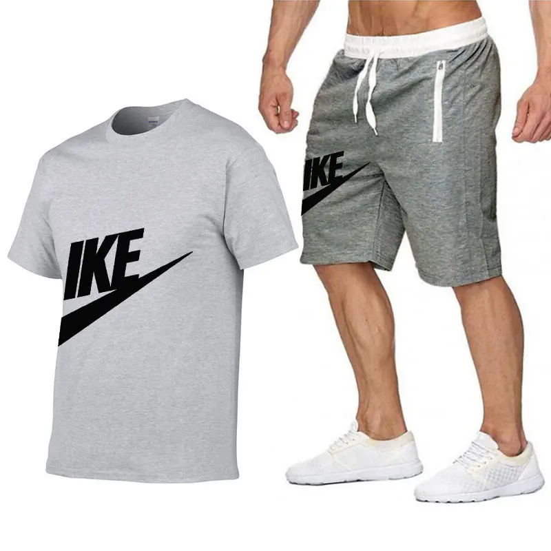 Men's Summer Two Piece Short Sleeve T-shirt Sportswear Tracksuit+Zipper Shorts Summer Breathable Casual Quick Dry Jogging Pants