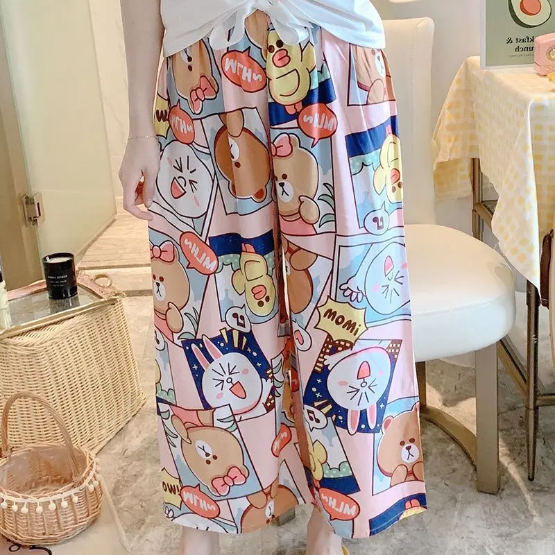 Cotton Silk Pajama Pants Ladies Summer Thin Section Cartoon Printed Casual Pants Pregnant Women Can Wear Single Pants