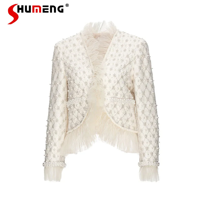 

2023 Early Autumn New Heavy Industry Beads Rhombus Classic Pearl Coat WarmTweed Overcoat Women's Winter Jackets Blends Outwear