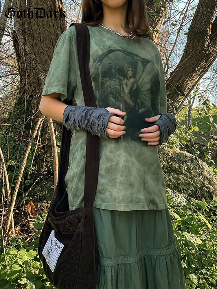 

Goth Dark Fairycore Grunge Aesthetic Green Women T-shirts Gothic Vintage Tie Dye Print Loose Tops Short Sleeve Streetwear Summer