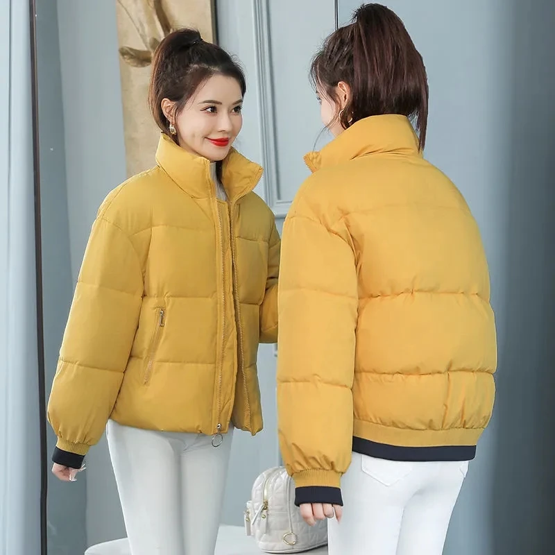 Winter Warm Loose Cotton Padded Parkas Korean Stand Collar Long Sleeve Pockets Thicken Coat Snow Wear Casual Women Short Jackets