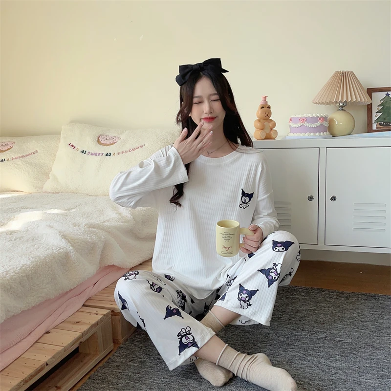 Kawaii Pajama Set for Woman O Neck Spring Anime Pijama 2 Pieces Ins Homewear Sleep Top Nightgown Young Girls Loose Size Pyjama