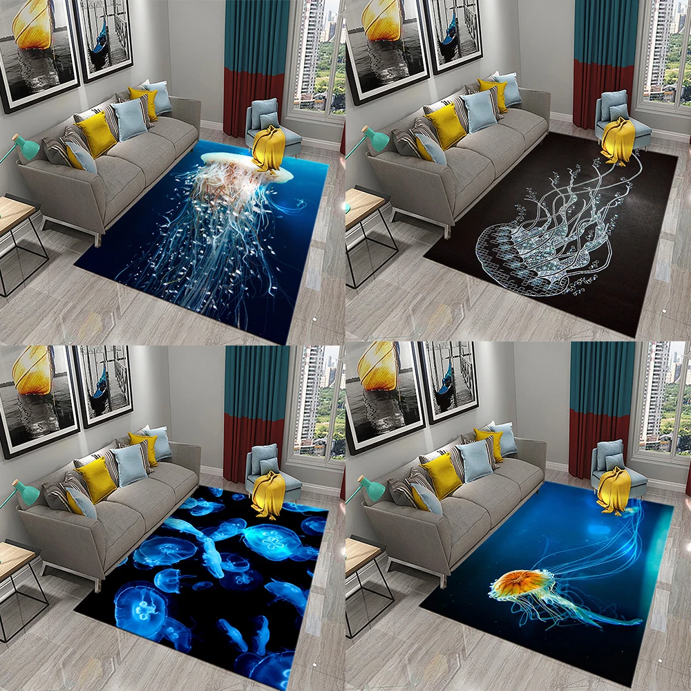 

Customizable Living Room Home Teenage Children Bedroom Bathroom Kitchen Rug Jellyfish Rug Cute Marine Life Non-slip Big Rug
