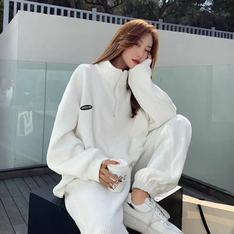 

Spring Autumn Casual Sport Suit Women Loose Half Zipper Pullover Large Size Tighten Hem Jogger Pant Leisure Running 2 Piece Set