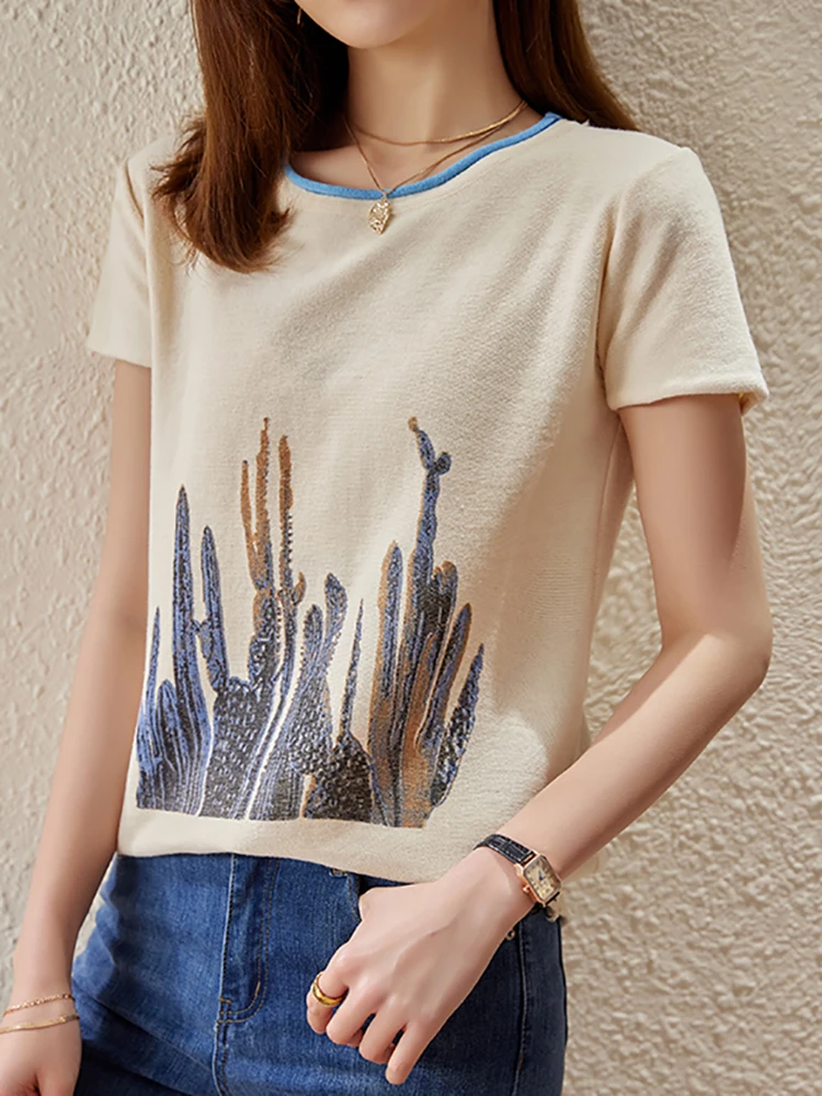 

Print Knitted T Shirt Women Short Sleeve Korean Fashion Tee Shirt 2022 Summer Tops T Shirts Woman Clothes Tshirt Camisetas Mujer