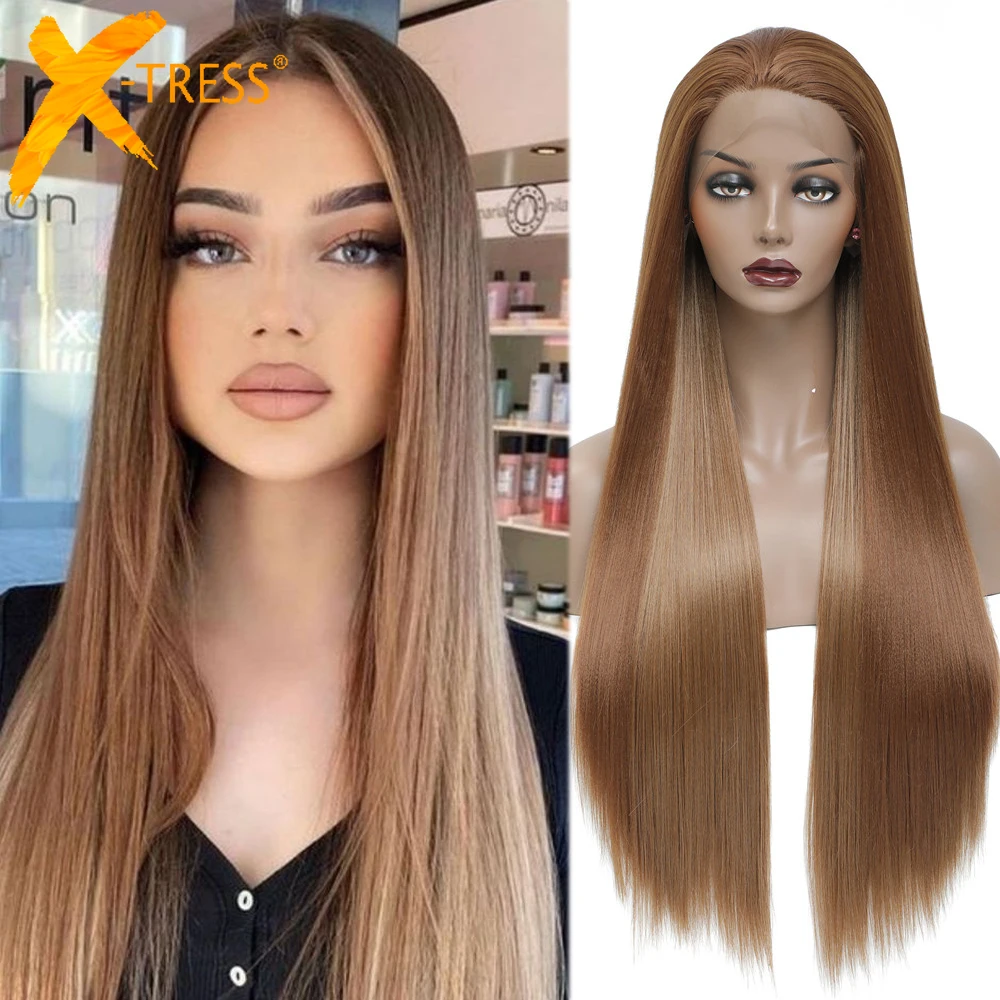 

Ginger Brown Free Part Synthetic 13X3 Lace Front Wigs For Women X-TRESS 28inches Long Straight Hair Wig High Temperature Fiber