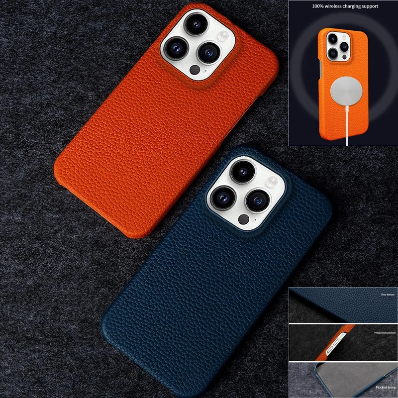 

Fashion Magnetic Phone Case For iPhone 15 Plus 14 13 12 11 Pro Max Shockproof Anti-Drop Solid Color Genuine Leather Back Cover