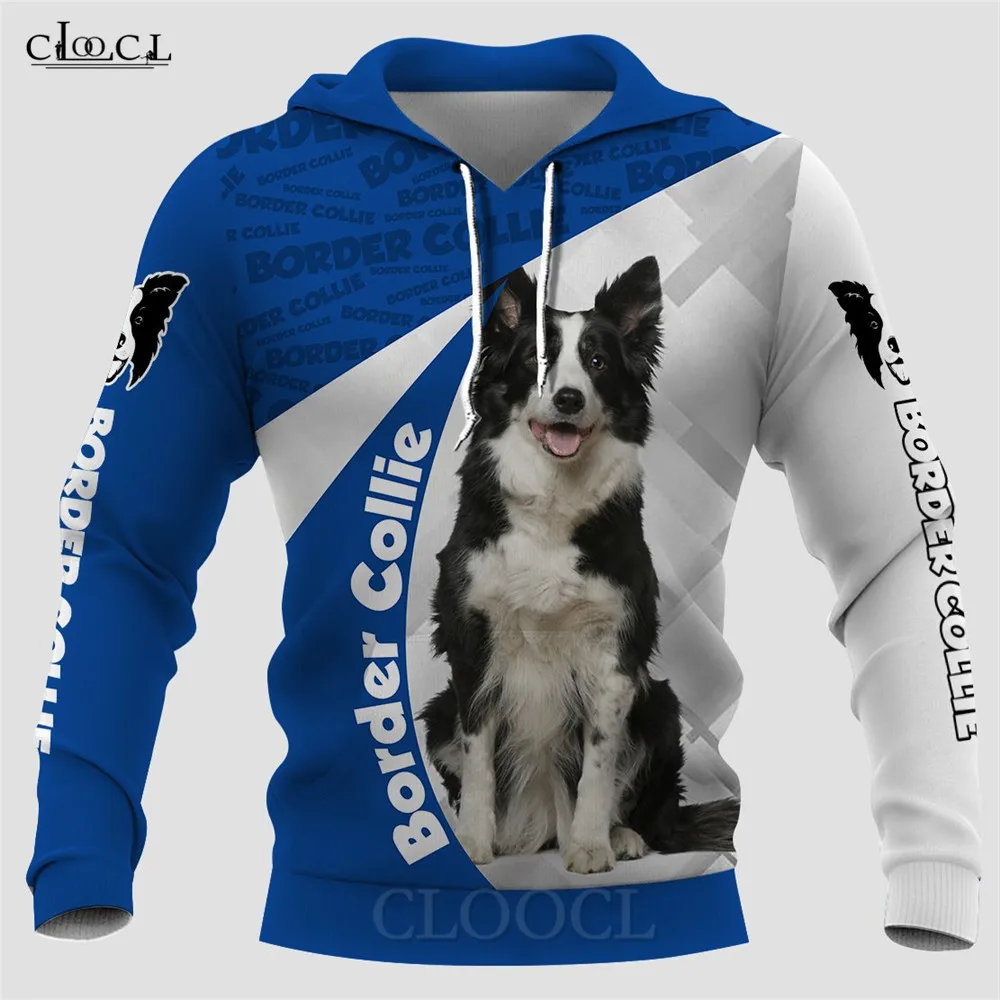 

CLOOCL Animals Hoodies 3D Graphic Border Collie Blue and White Splicing Sweatshirts Pullovers Harajuku Streetwear
