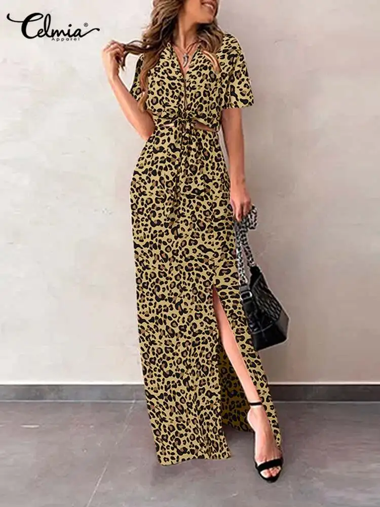 

Celmia Leopard Print Outfits Short Sleeve Tied Front Shirts 2pcs Skirt Suits Resort High Waist Slit Hem Skirt Fashion Dress Sets