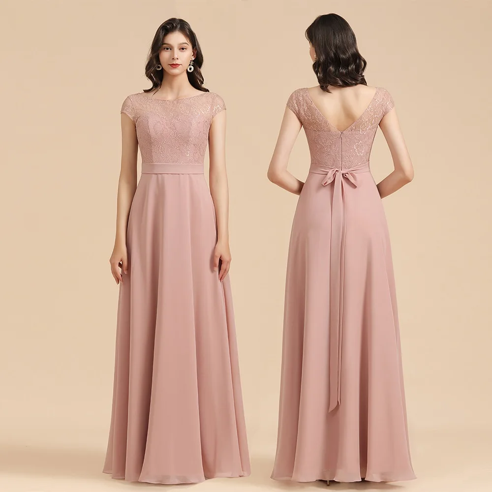 Womens Lace Dusty Rose Bridesmaid Dress With Sleeves V Back Long Formal Engagement Wedding Guest Party Gown Vestidos Robes