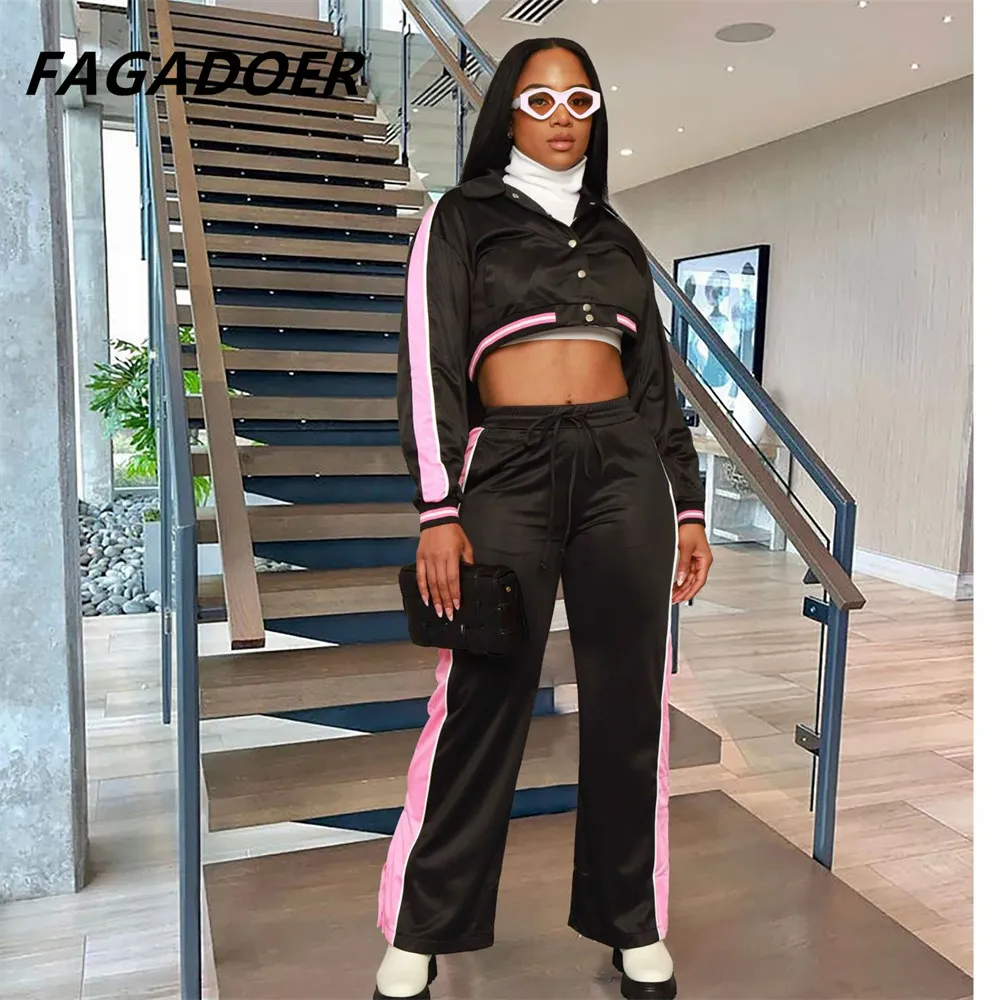 

FAGADOER Fall Button Design Tracksuits Women Turndown Collar Long Sleeve Crop Top+Pants Two Piece Set Causal Solid Sport Outfits
