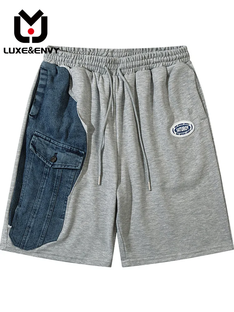 

Винтажные джинсовые шорты LUXE & ENVY в стиле пэчворк, мужские Модные повседневные Прямые брюки с широкими штанинами для пар, новинка весны-лета 2023