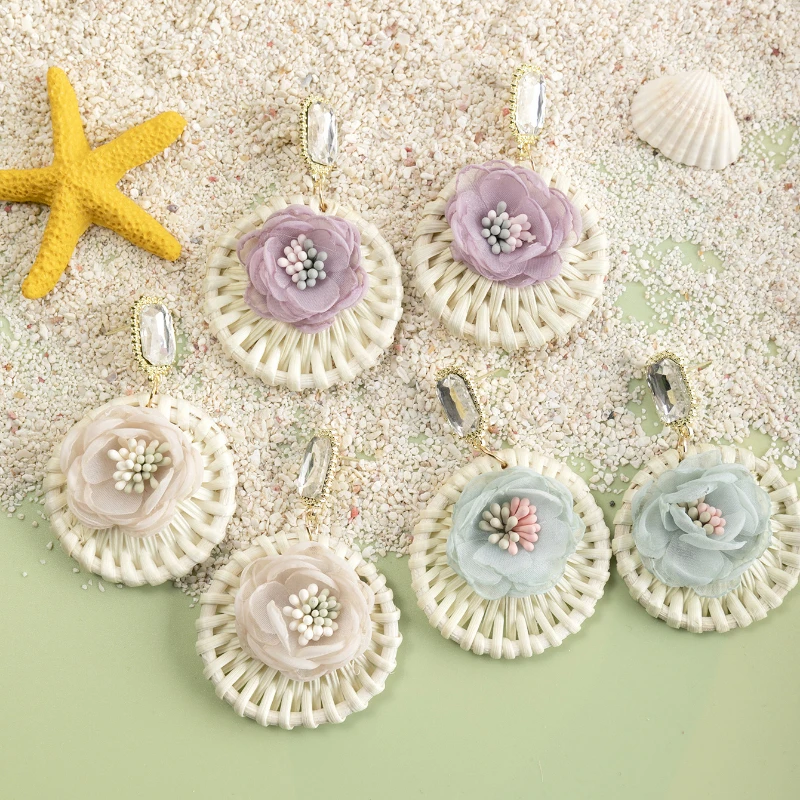 

New Fashion Raffia Winding Earrings Rattan Circle Flower Drop Women's Earrings Summer Ocean Beach Jewelry Accessories