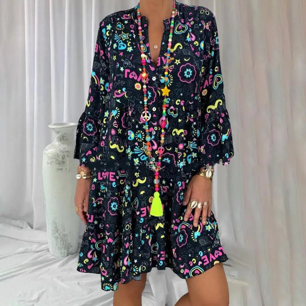 

Women Dresses Soft Breathable Long Sleeve V-Neck Big Hem Loose-fitting Casual Long Dress