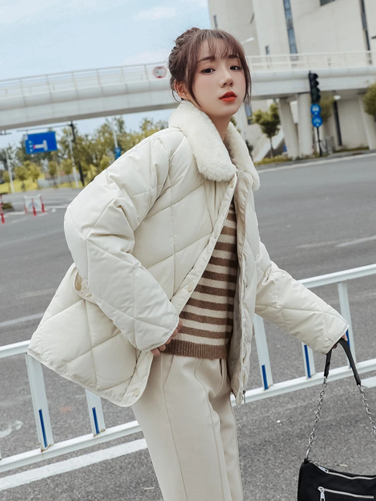

Winter Women's Shorts Jacket Turn Down Collar Cotton Loose Coat 2023 Solid Quilted Diamond Check Female Jackets Parka Cute