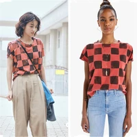big name summer new cotton plaid short sleeved t shirt womens high quality round neck casual red and blackcheckerboardplaid top