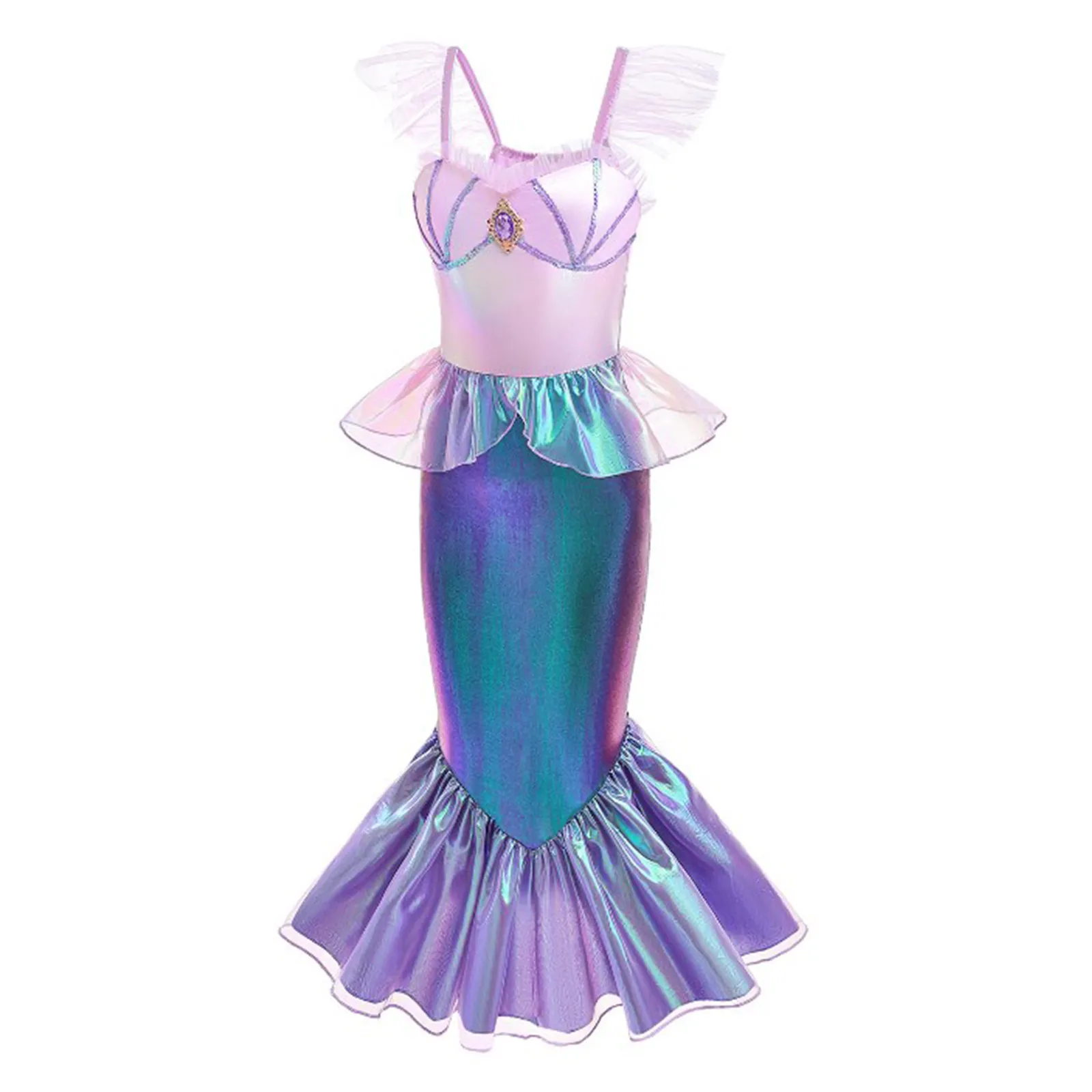 

Kids Girls Shiny Metallic Mermaid Costume Halloween Cosplay Sleeveless Flounce Peplum Fishtail Skirt Cosplay Performance Dress