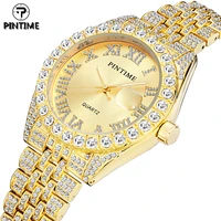 pintime iced out quartz watch for men women unisex luxury diamond hip hop rhinestone gold watch wristwatch male female clock