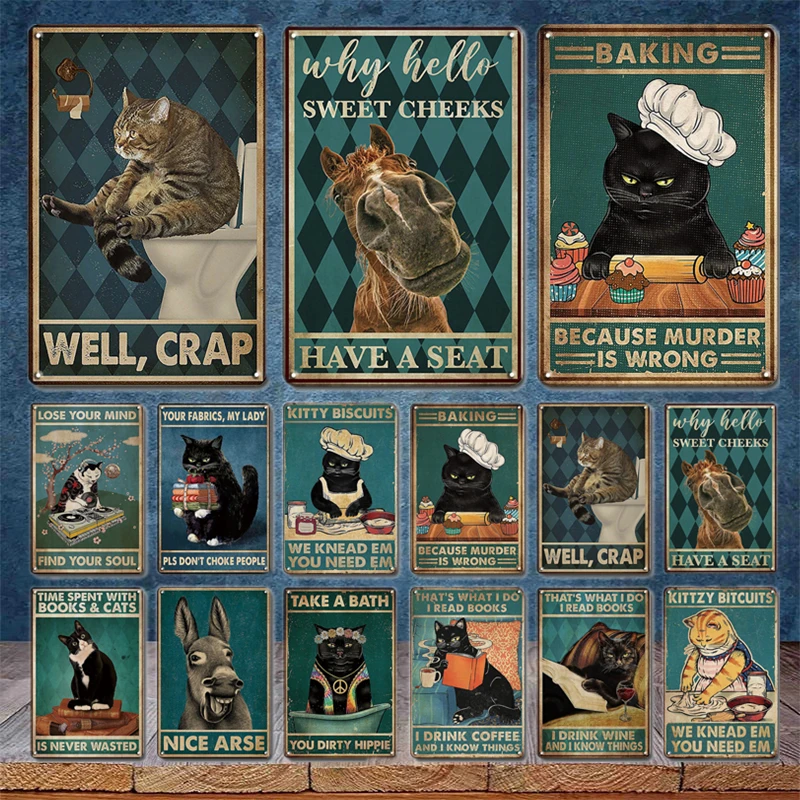 

Vintage Cat Painting Metal Plate Tin Sign Retro Shop Restroom Decoration Accessories Pet Poster Home Sweet Home Signs Plaque