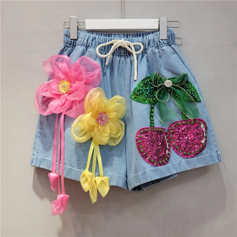 European Style 2023 Spring Summer New Jeans Design Sense Heavy Industry Beads Embroidered Sequins Flower Casual Shorts For Women