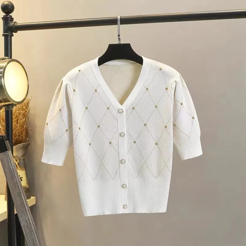 

Retro Diamond Plaid Beaded Knitted Cardigan Short-Sleeved Women'S Summer New Waist V-Neck Pearl Button Thin Loose Fashion Top