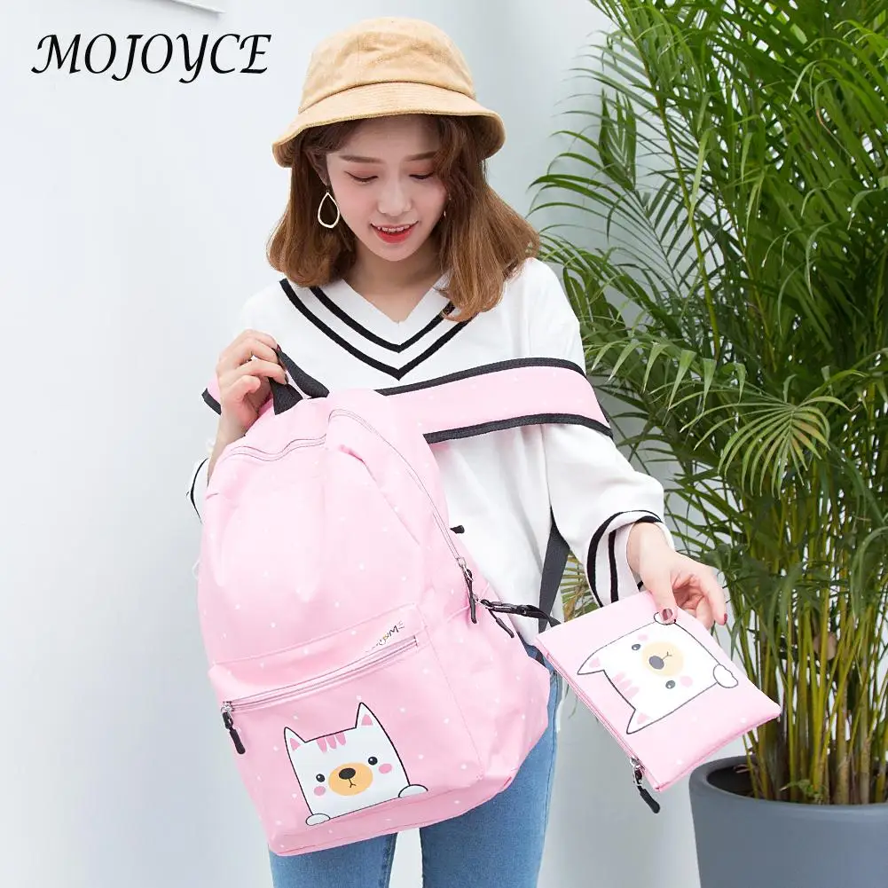 

2pcs/Set Nylon Backpack Cute Cartoon Dots Printing Travel Women Shoulder School Bookbags Pencil Case for Teenage Girls