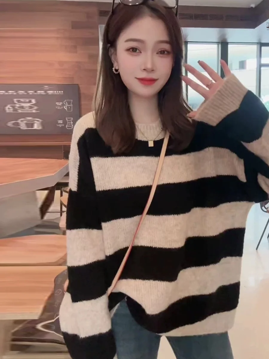 Пуловер в полоску с круглым вырезом женский осенне-зимний свитер европейском