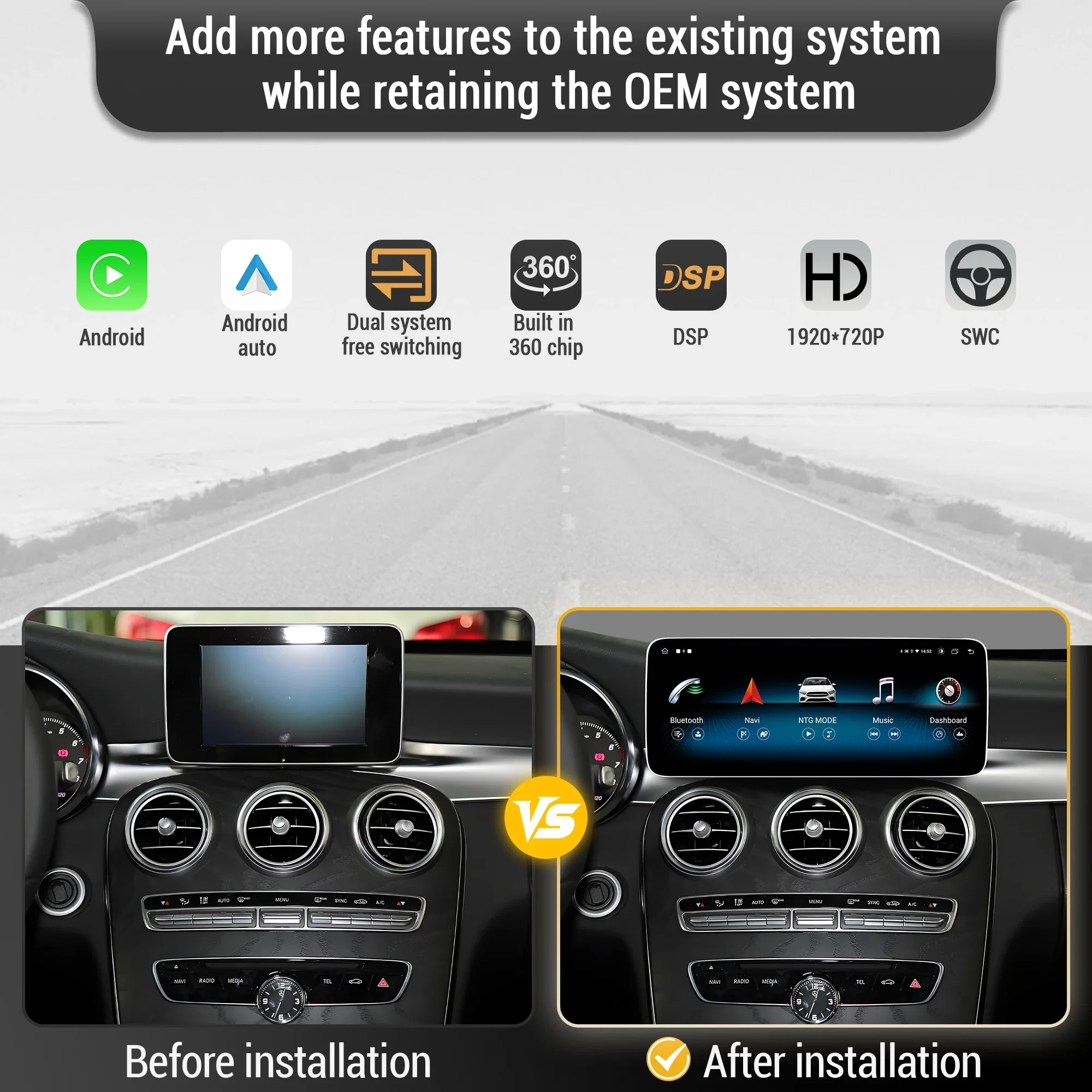 Фото 12.3-дюймовый автомобильный радиоприемник Android 14 с беспроводным CarPlay, процессором Snapdragon 680 SM6225 и сенсорным экраном для Mercedes Benz C-Class W205 S205 2018-2020 №2