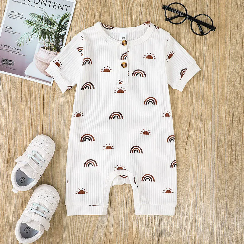 

Newborn Baby Girl Clothes Knitted Romper Summer Short-sleeve Rainbow-print Romper Bodysuit Infant Boy Casual Jumpsuit
