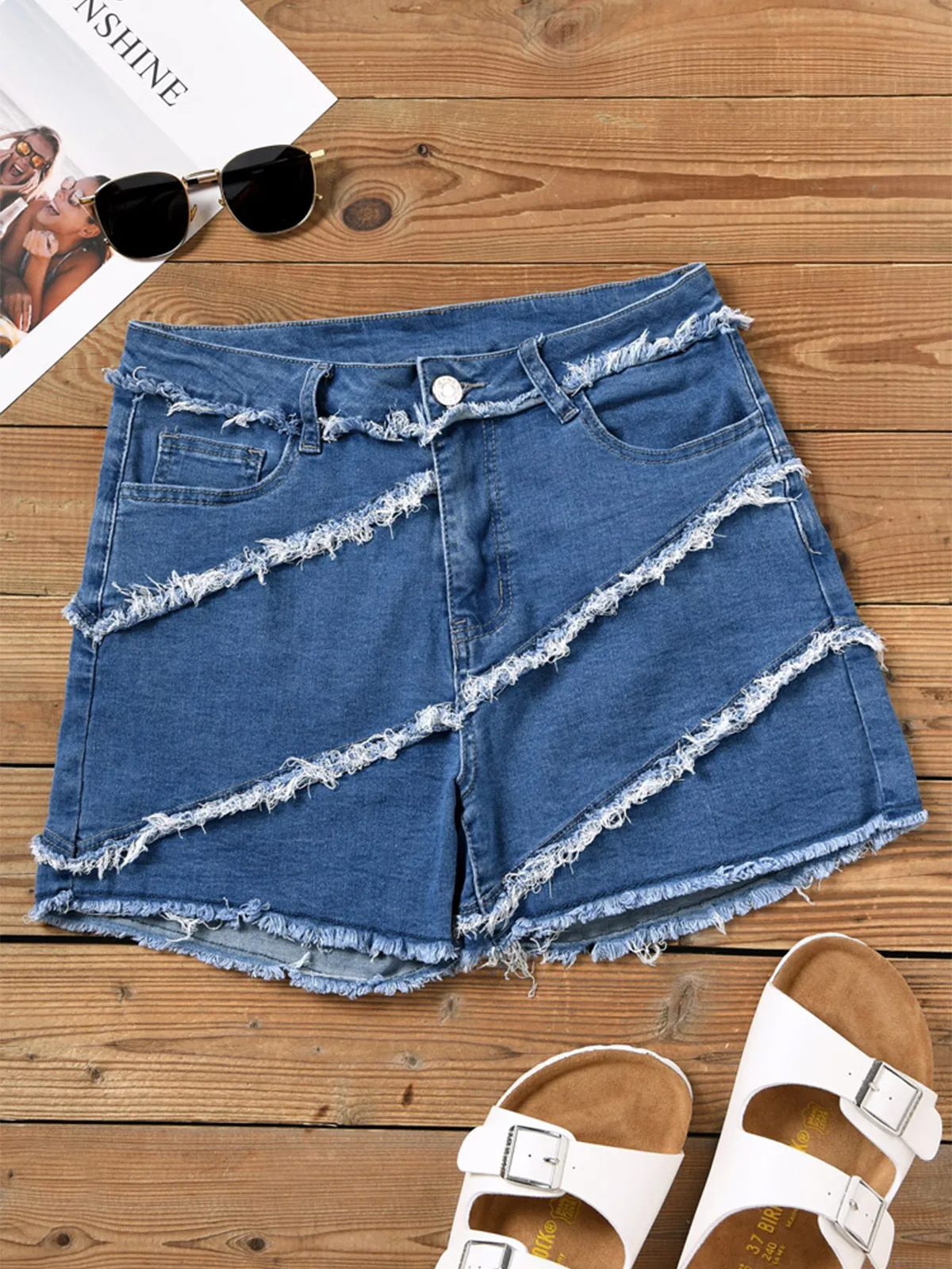 Summer Pocket Button Frayed Hem Denim Shorts Women Harem Ruffled Blue High Waisted Shorts Female Elastic Short Jeans