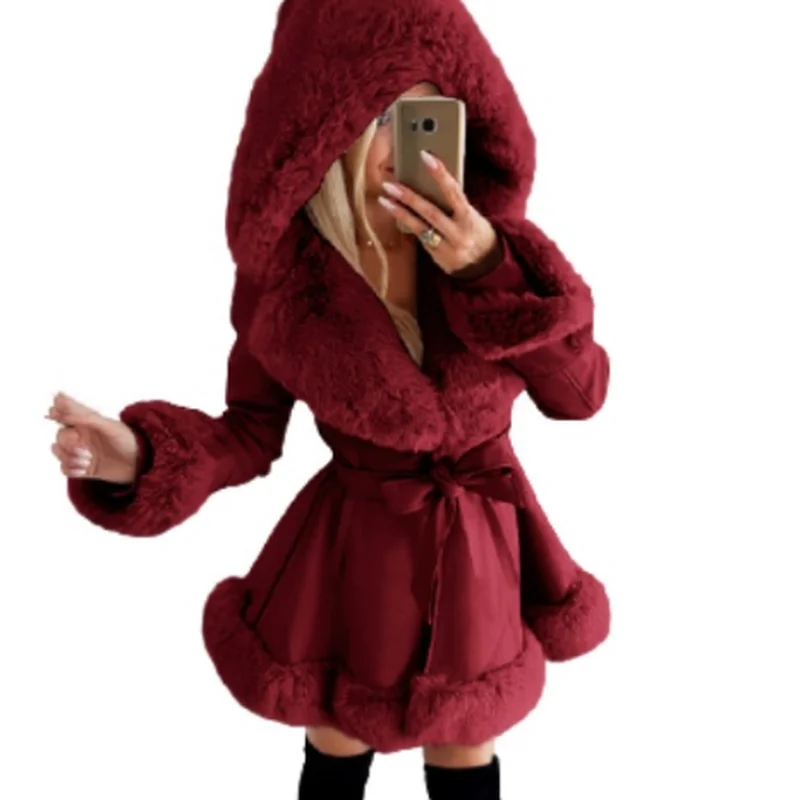 Pure Color Fashion Self-cultivation PU Fur Stitching Jacket Ladies Elegant Faux Fur Winter Warmth Ruffled Waist Hooded Jacket