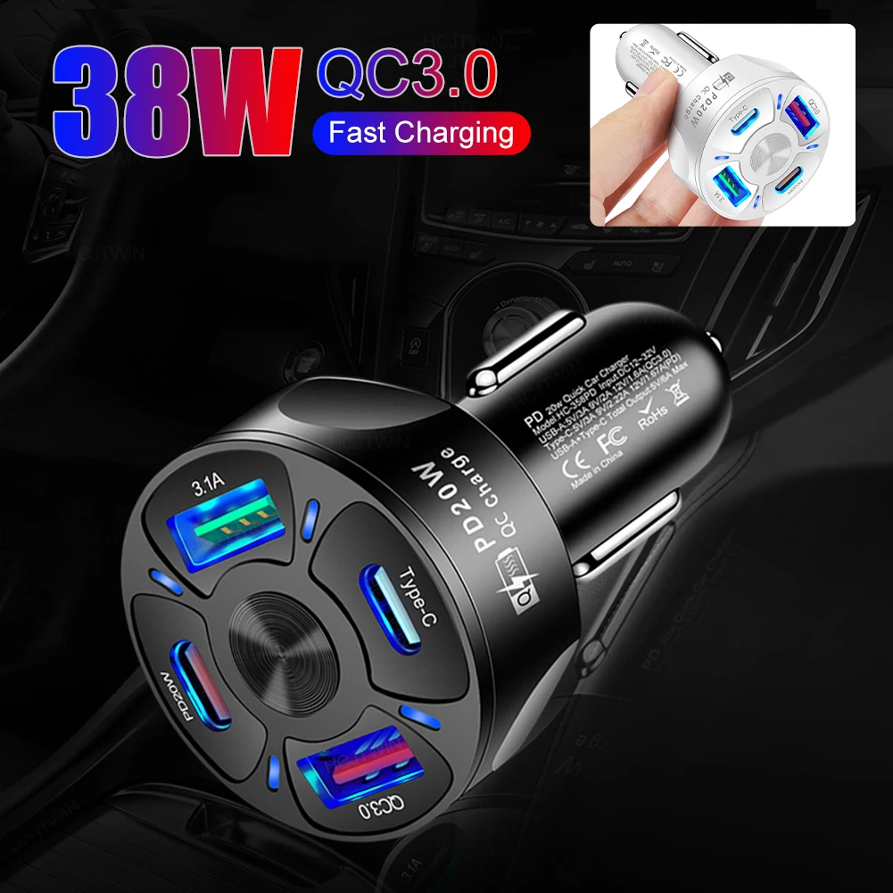 

Car Charger 4 USB Ports Fast Charging 20W PD 3.1A Fast Charger Car Lighter Charging Adapter for iPhone Samsung Huawei Xiaomi