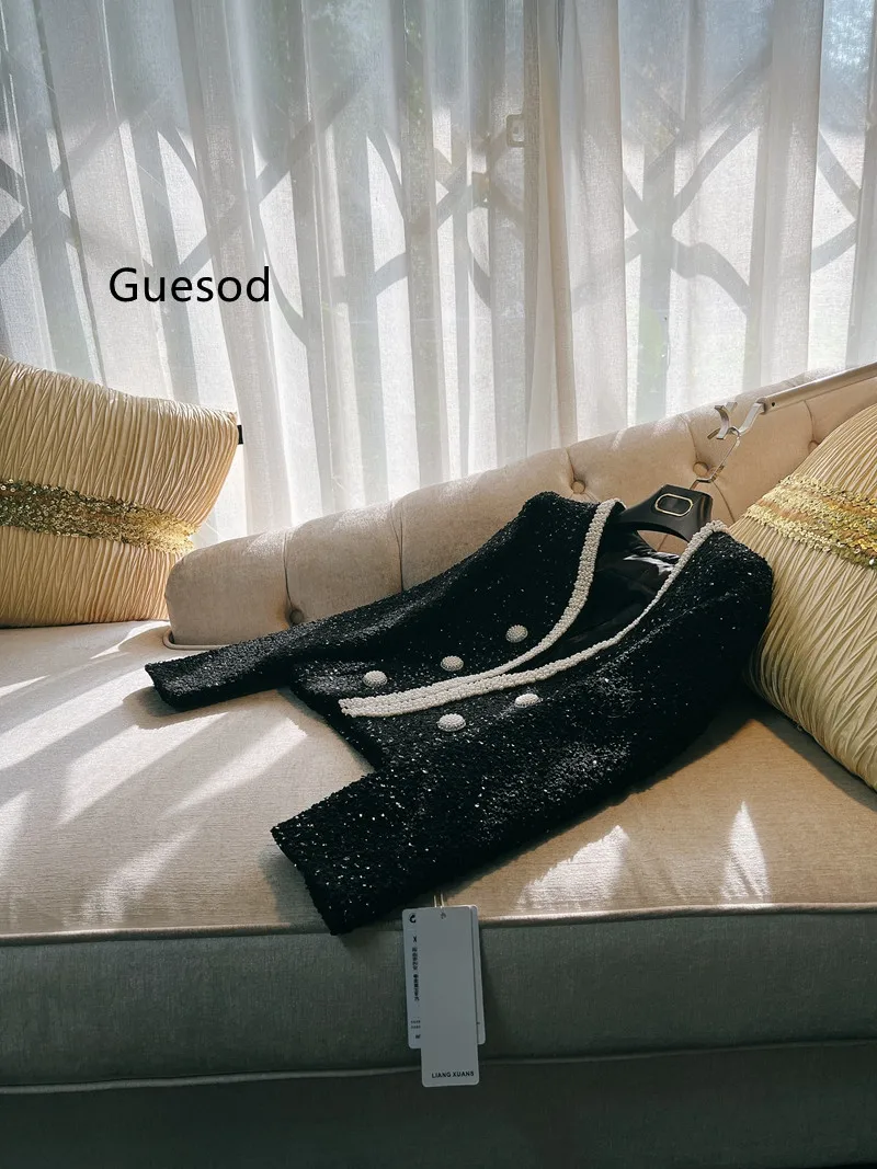 

Women French Coat Hepburn Exquisite Beading Top Black Elegant Ladies Top Quality Outerwear Female New