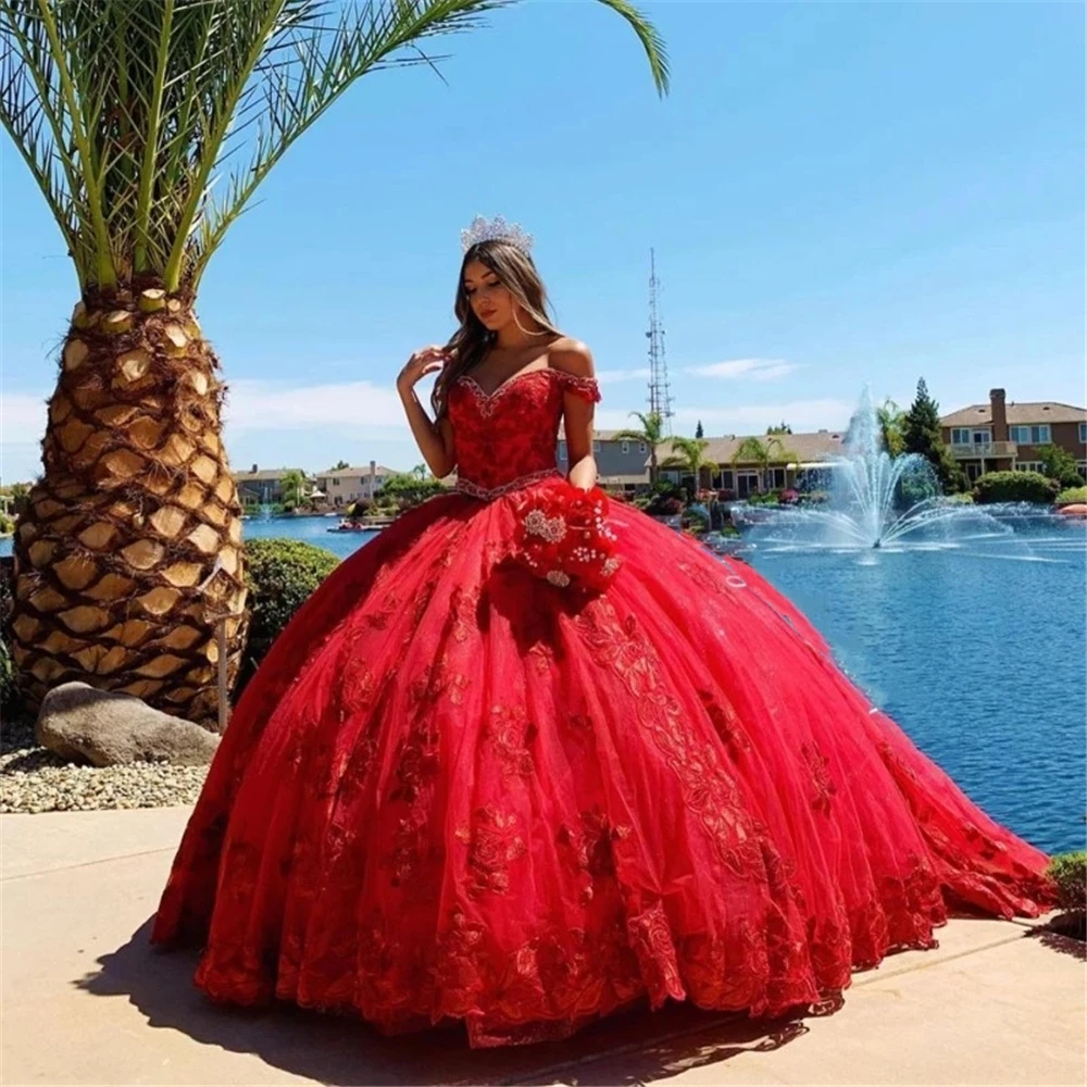 

Puffy Red Ball Gown Quinceanera Dresses Lace Appliques Off Shoulder Beaded Sweet 16 Prom Party Pageant Vestidos De 15 Anos