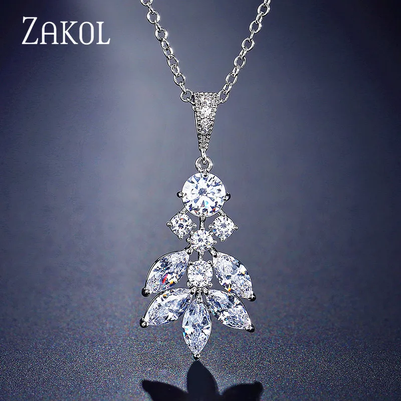 ZAKOL Fashion AAA Cubic Zirconia Leaf Chain Necklace Pendant for Women Crystal Wedding Dinner Party Custom Jewelry FSNP2089 | Украшения и